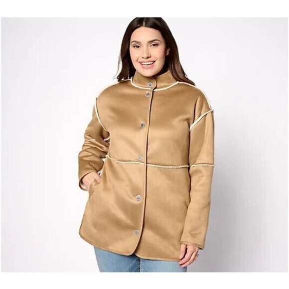 Isaac Mizrahi Jackets & Blazers - Isaac Mizrahi Live! Reversible Faux Shearling Coat Camel/Cream,2X